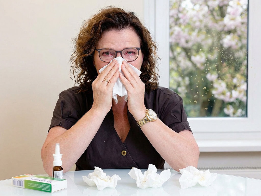 Eine Frau mit Schnupfen hält ein Taschentuch vor die Nase, im Hintergrund ein Fenster mit Blumen.
